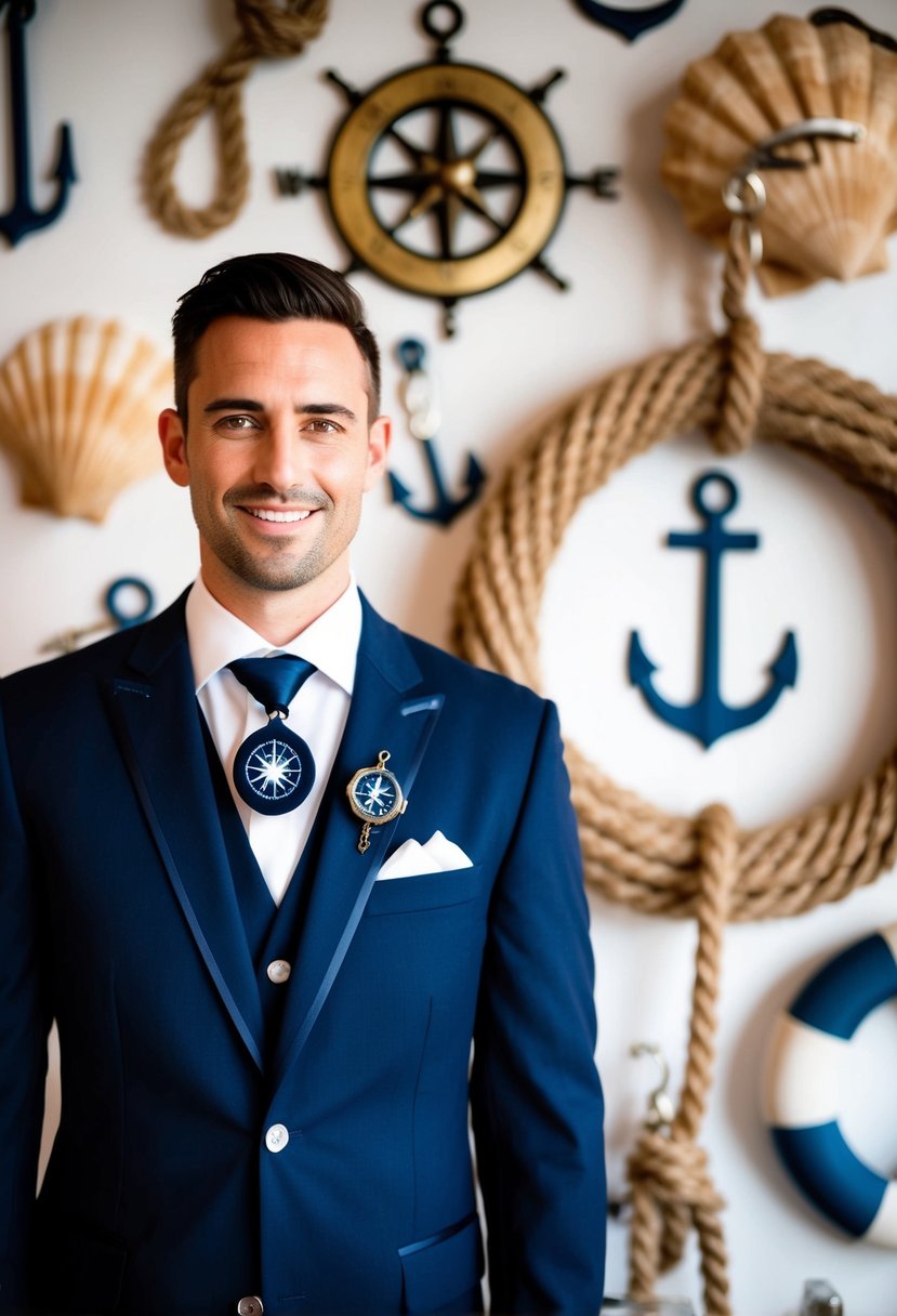 A groom in a navy blazer with compass cufflinks stands against a backdrop of nautical elements, such as anchors, ropes, and shells