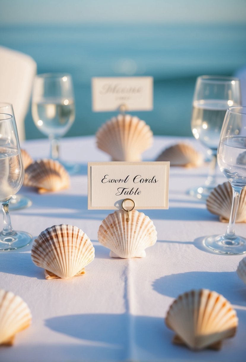 A table adorned with seashell escort cards arranged in a marine-themed setting for a wedding