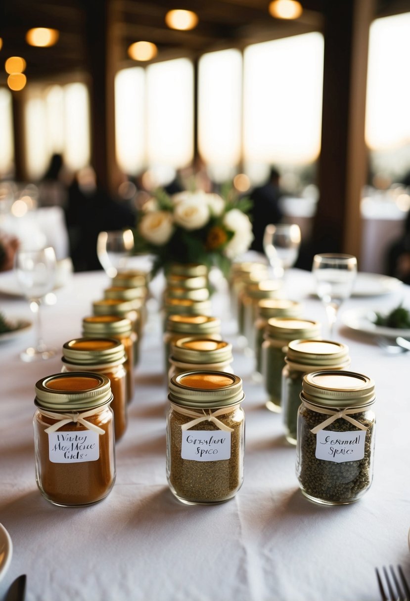 A table adorned with small glass jars filled with seasonal spice blends, arranged as winter wedding favors for guests