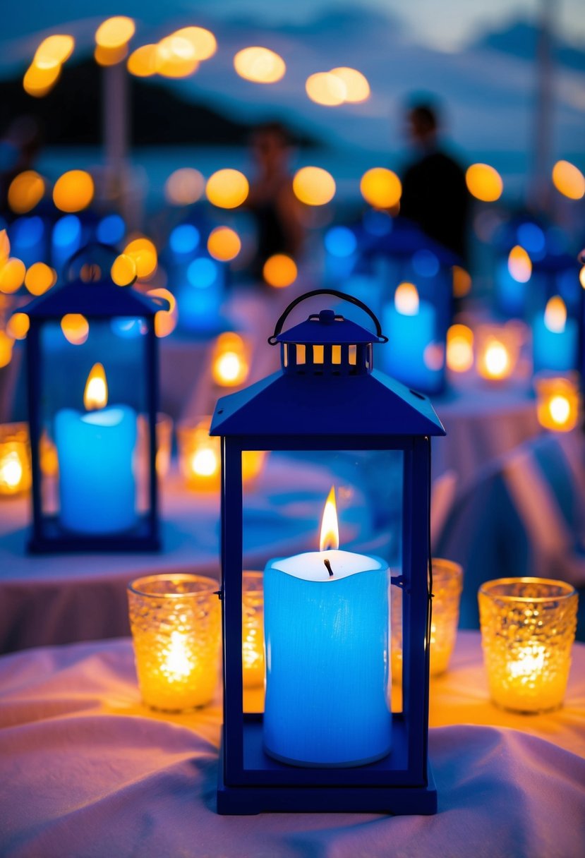 Blue candle-lit lanterns illuminate a marine-themed wedding, casting a warm, ambient glow