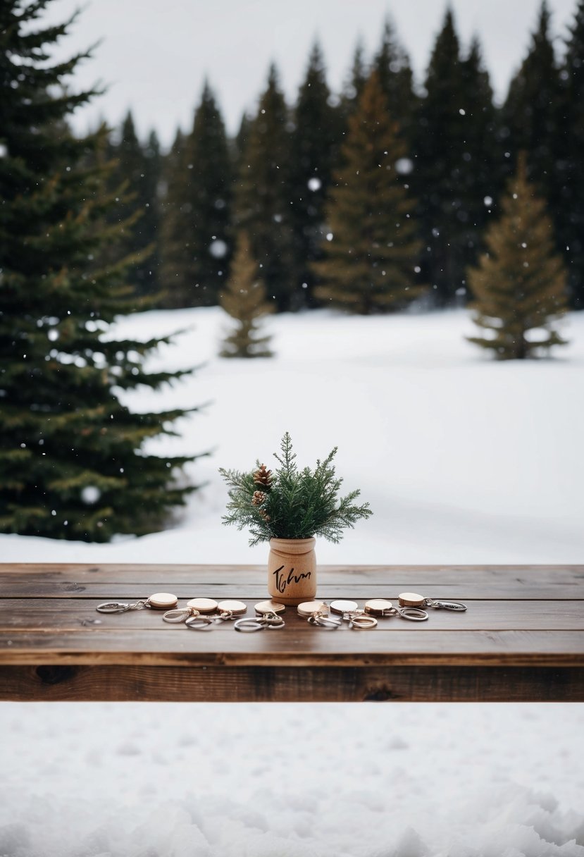 A snowy landscape with a rustic wooden table adorned with custom keychain wedding favors, surrounded by evergreen trees