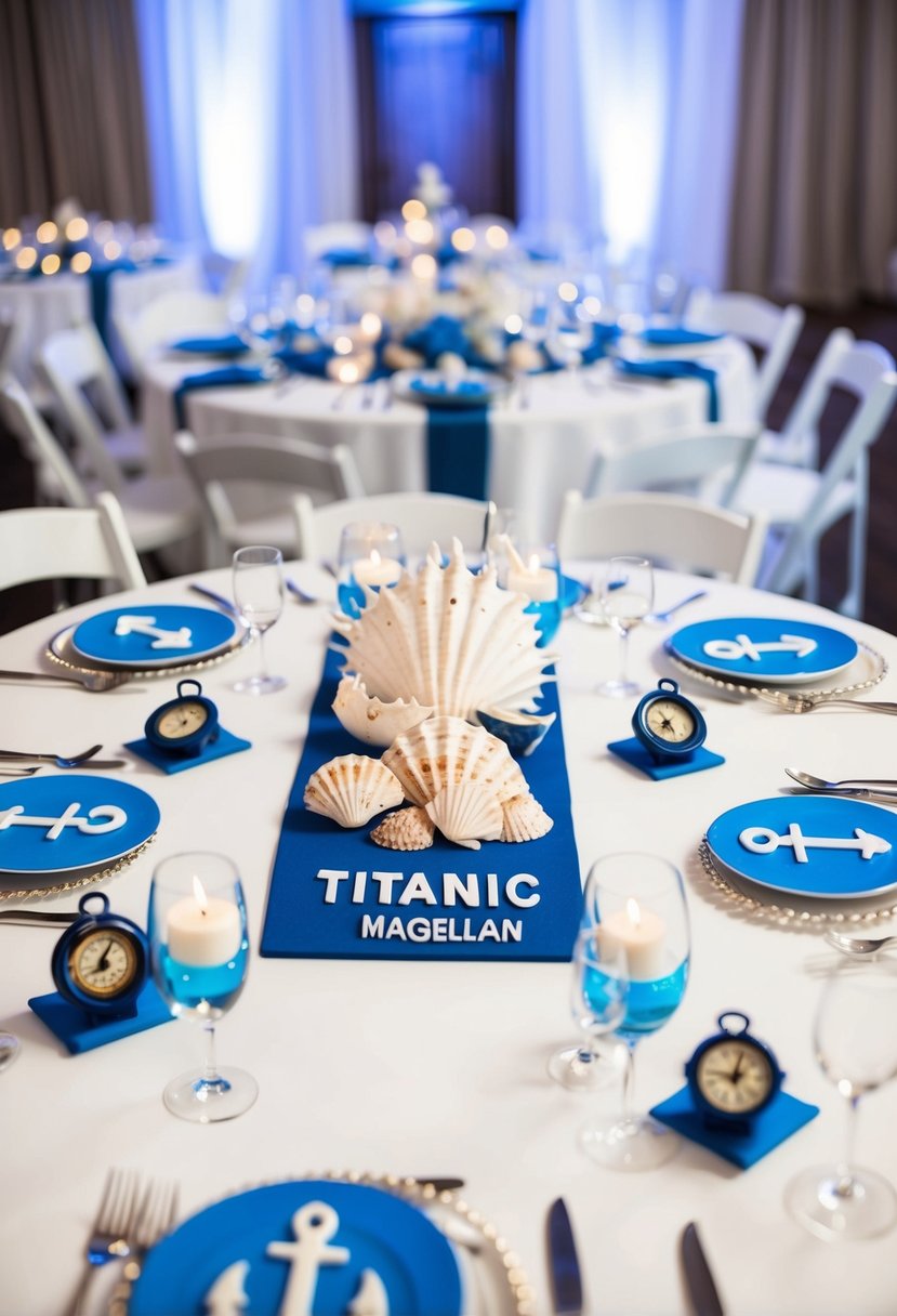 Tables adorned with names like "Titanic" and "Magellan," decorated with nautical elements like seashells, anchors, and compasses. Blue and white color scheme with ocean-inspired centerpieces