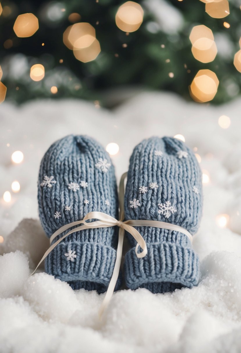 A cozy pair of handknitted mittens nestled in a bed of snowflakes, tied with a delicate ribbon