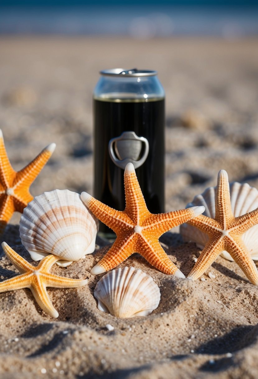 A beach scene with seashells, starfish, and a coral reef, with a bottle opener in the center