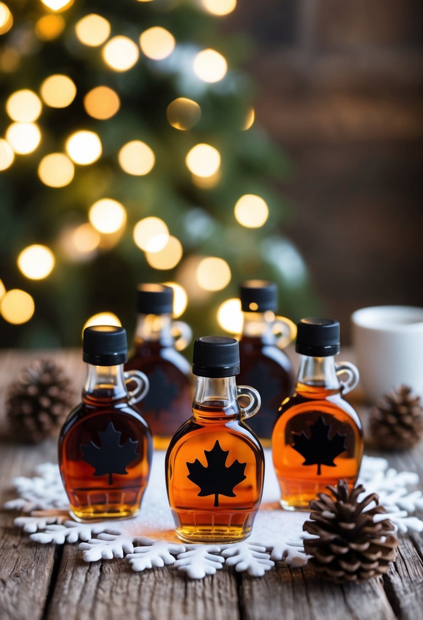 Miniature bottles of maple syrup arranged on a rustic wooden table with snowflakes and pinecones for a winter wedding favor