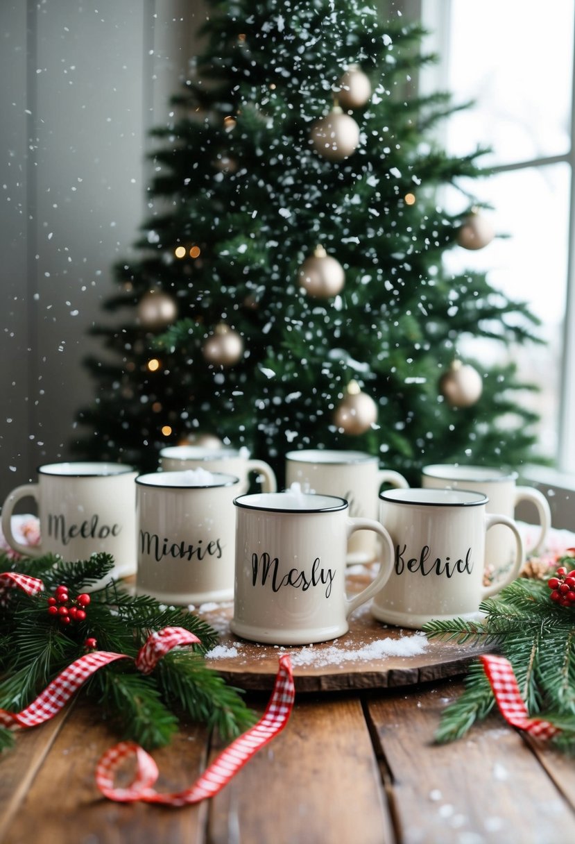 A cozy winter scene with snowflakes falling around personalized mugs arranged on a rustic table, adorned with festive ribbons and surrounded by evergreen foliage