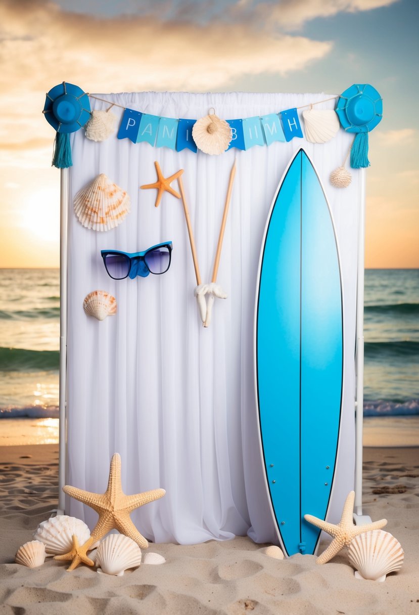 A photo booth with a beachy backdrop, complete with ocean props like seashells, starfish, and a surfboard, creating a marine-themed wedding atmosphere