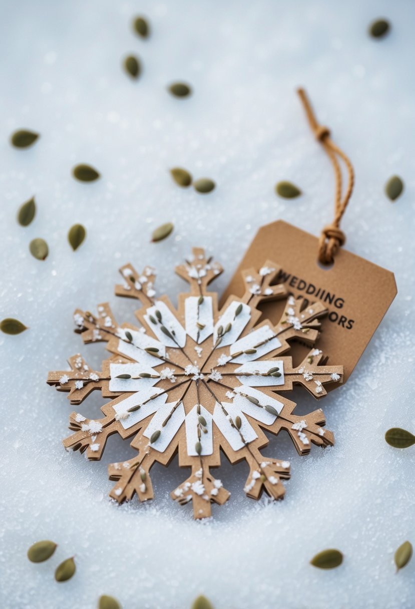 Snowflake-shaped paper embedded with seeds, scattered on a snowy surface, with a wedding favor tag attached