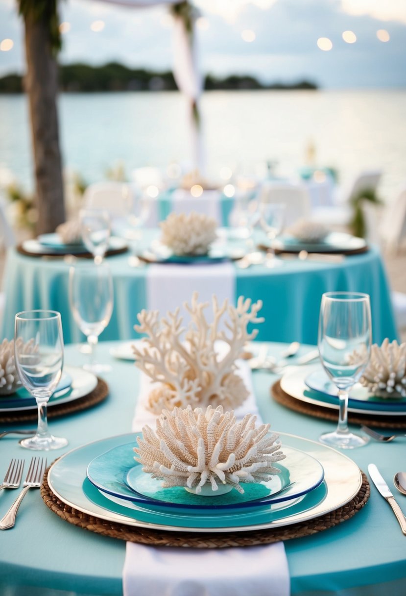 A table set with coral and sea glass place settings, surrounded by marine-themed decor for an elegant wedding