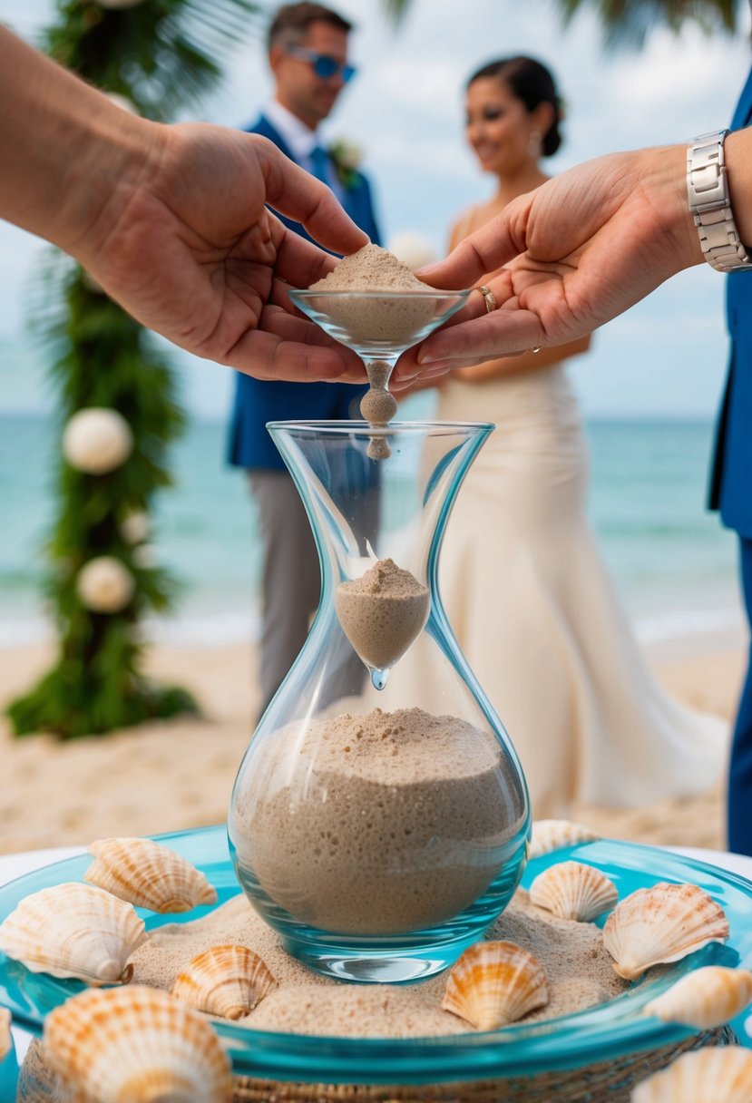 A glass vessel filled with sand from the beach, surrounded by seashells and ocean-themed decor, as a couple performs a sand ceremony at their marine-themed wedding