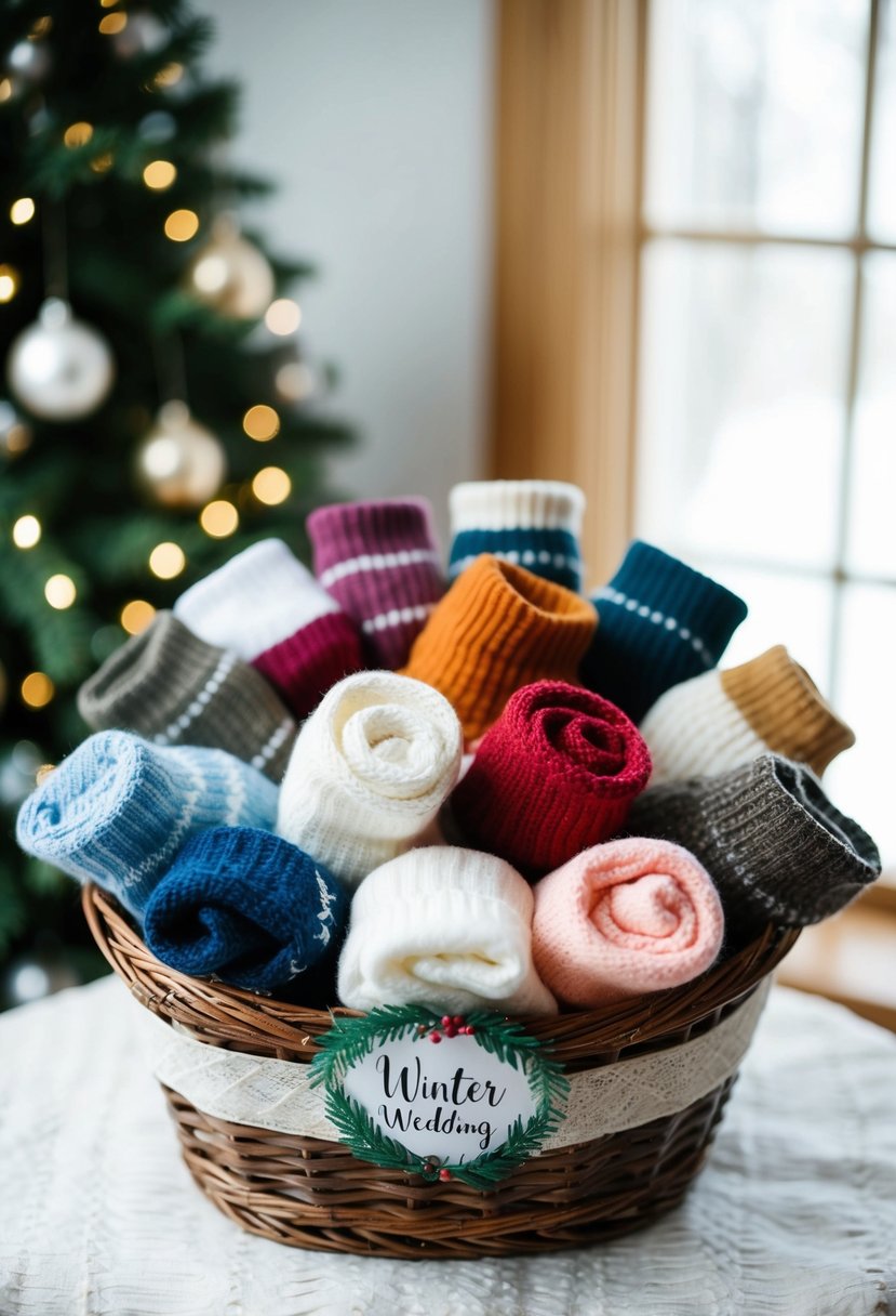 A pile of cozy socks in various colors and patterns, arranged in a decorative basket with a "winter wedding" theme