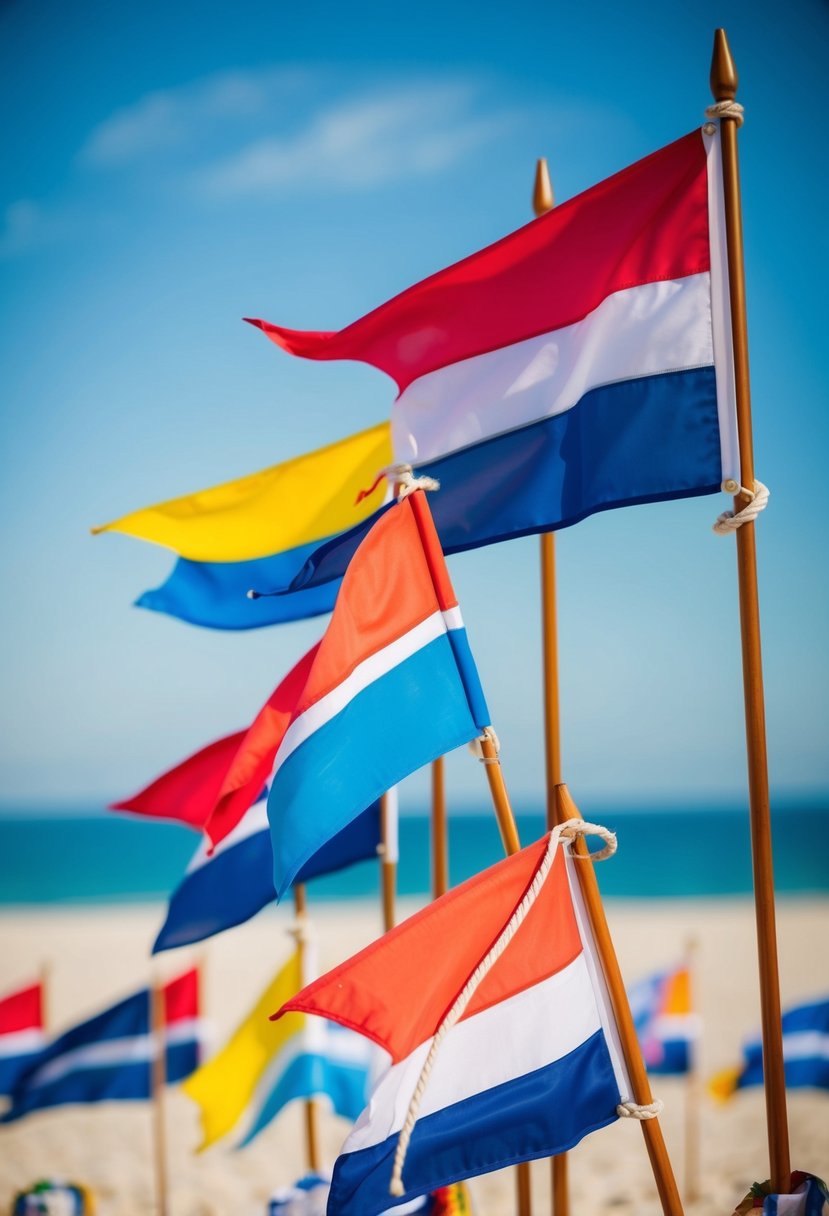 Colorful nautical flags fluttering in the breeze, adorning a beachfront wedding with a vibrant marine theme