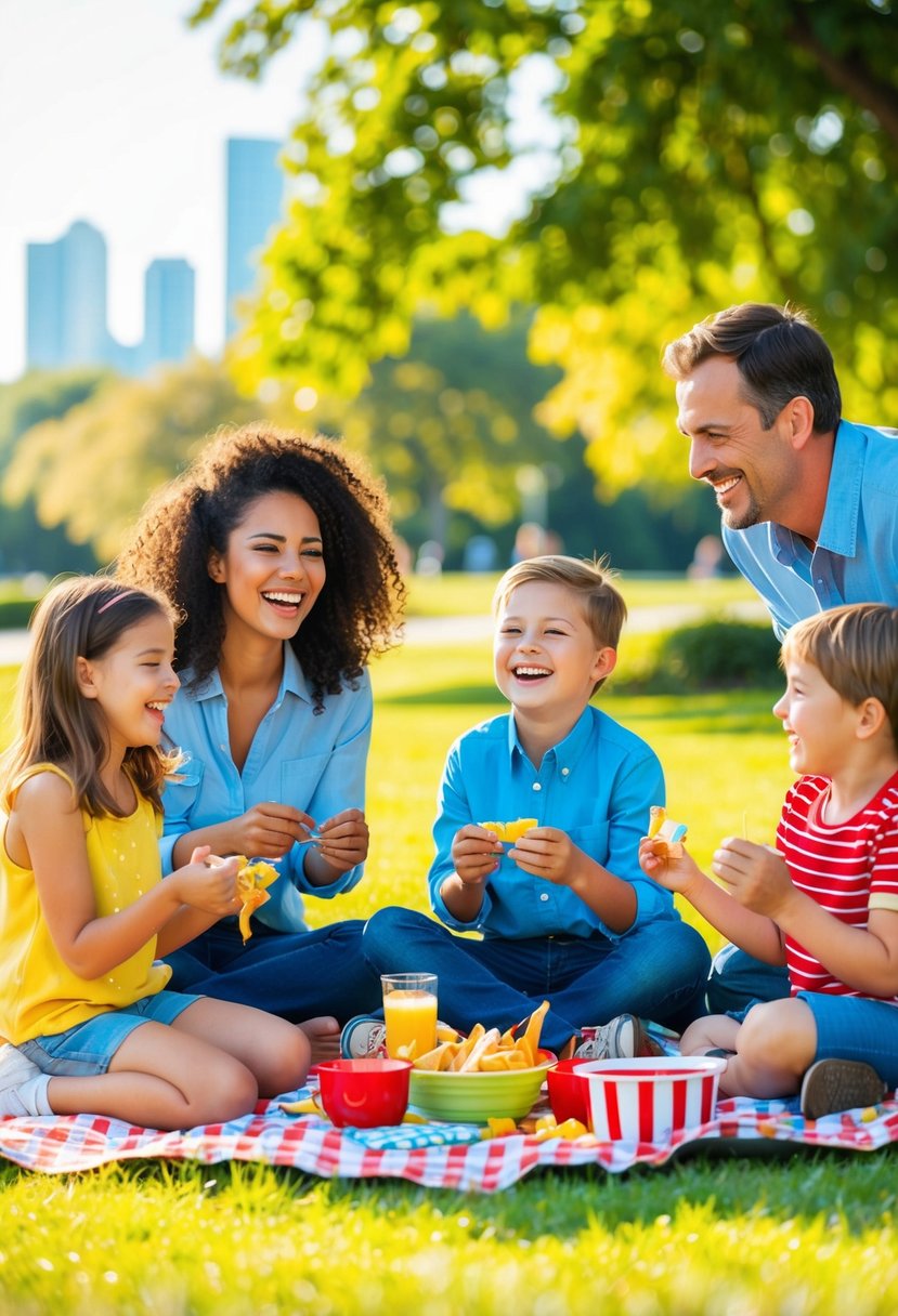 A family picnic in a sunny park, with parents and kids playing games, enjoying snacks, and laughing together