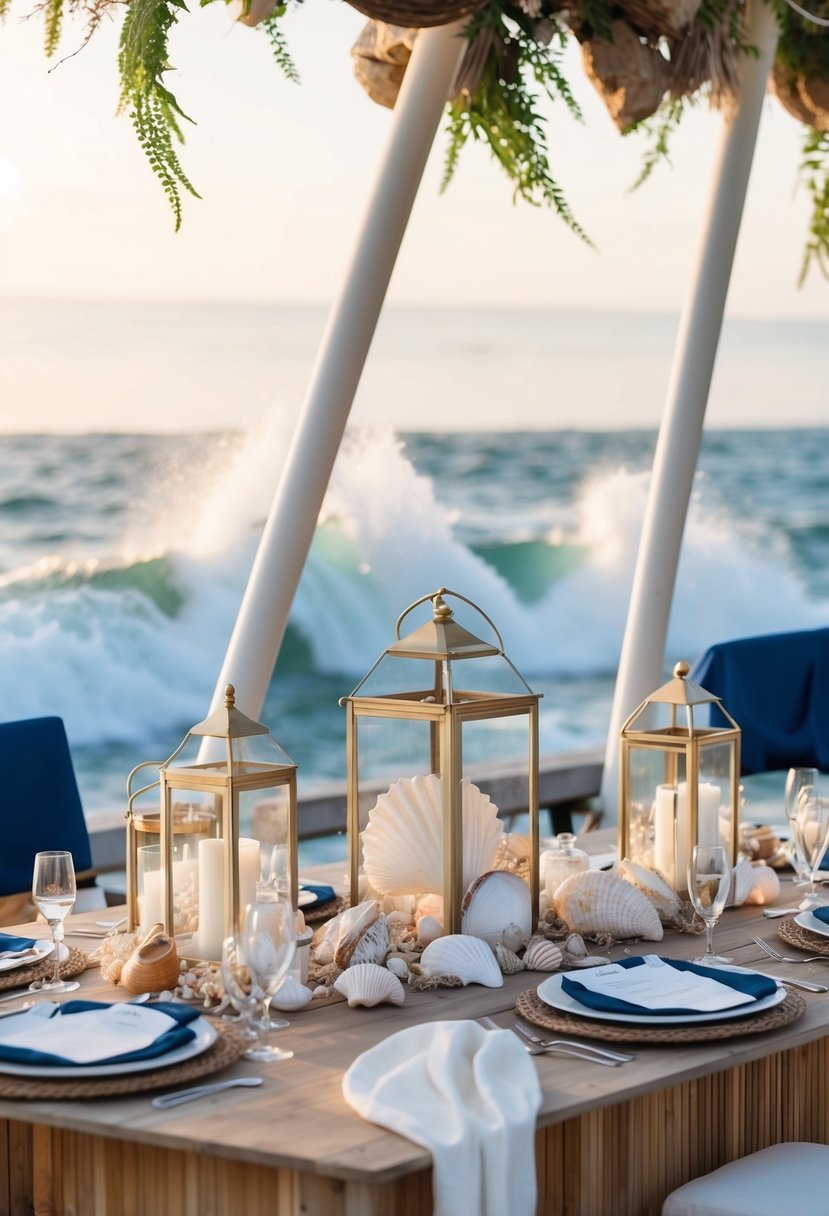 A dockside venue with nautical decor, seashells, and marine life. Waves crashing in the background, creating an authentic coastal atmosphere for a marine-themed wedding