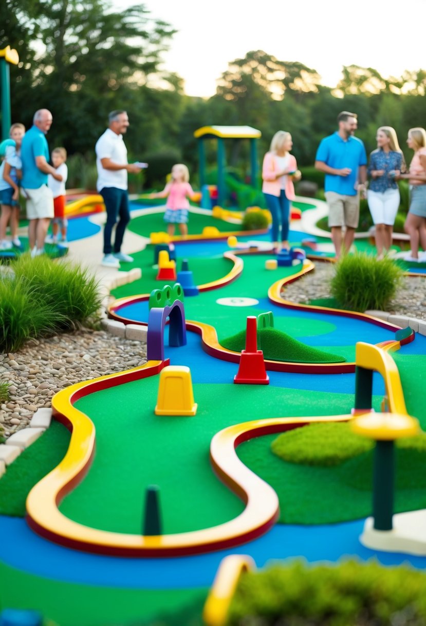 A vibrant mini-golf course with winding paths, colorful obstacles, and playful themes, surrounded by families enjoying a fun and lighthearted date activity