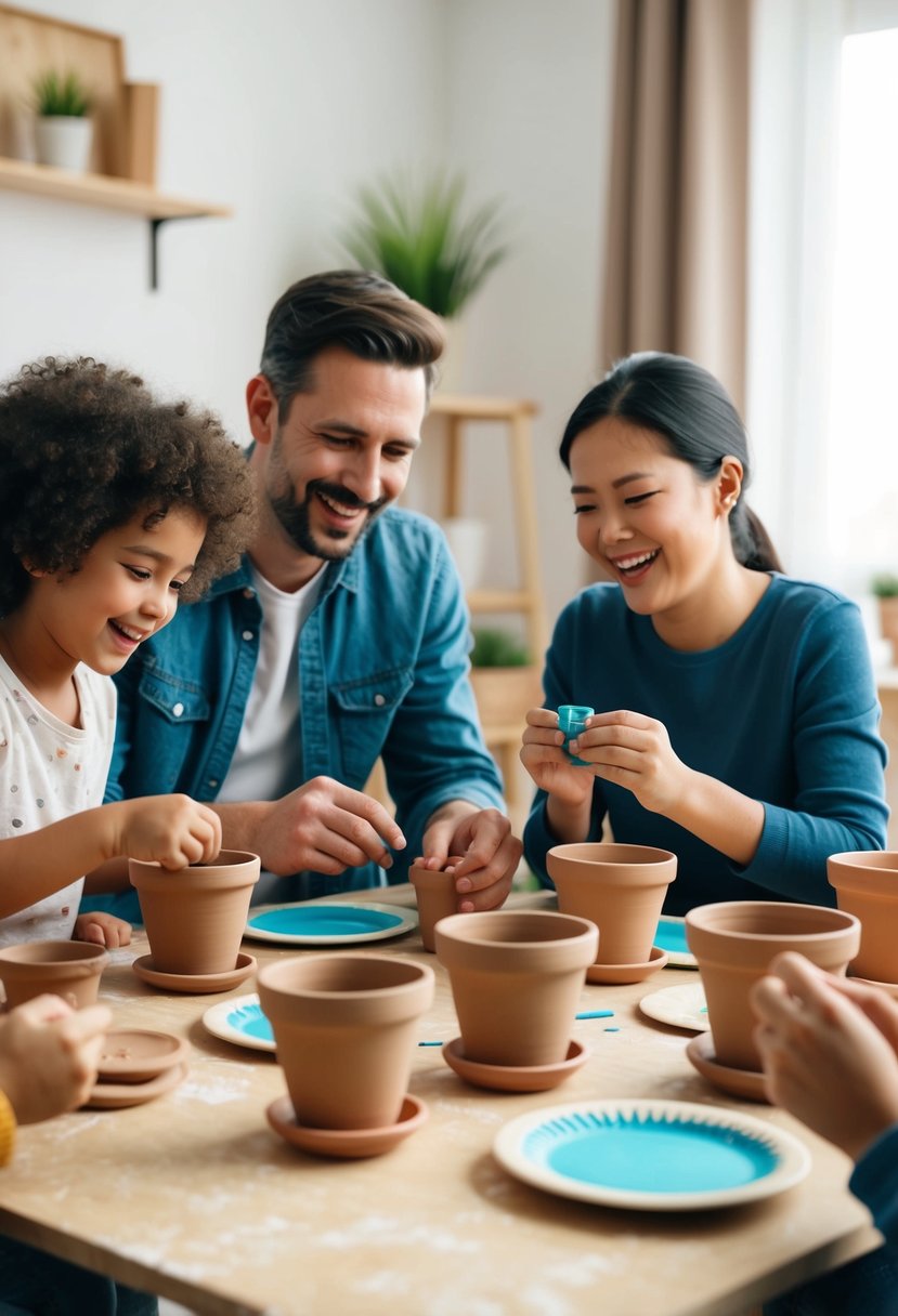 A couple and their kids sit around a table, molding and decorating clay pots together. Laughter and creativity fill the room as they enjoy a fun and bonding activity