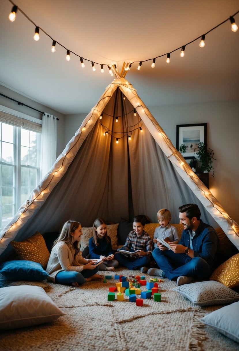 A cozy living room with a large blanket fort, string lights, and pillows scattered on the floor. A couple and kids play games and tell stories inside