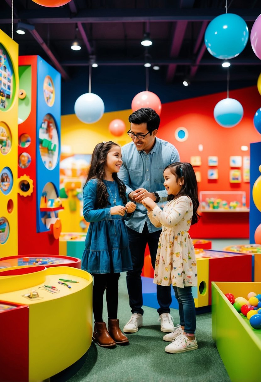 A colorful exhibit with interactive displays and hands-on activities for kids and couples to explore together at a children's museum