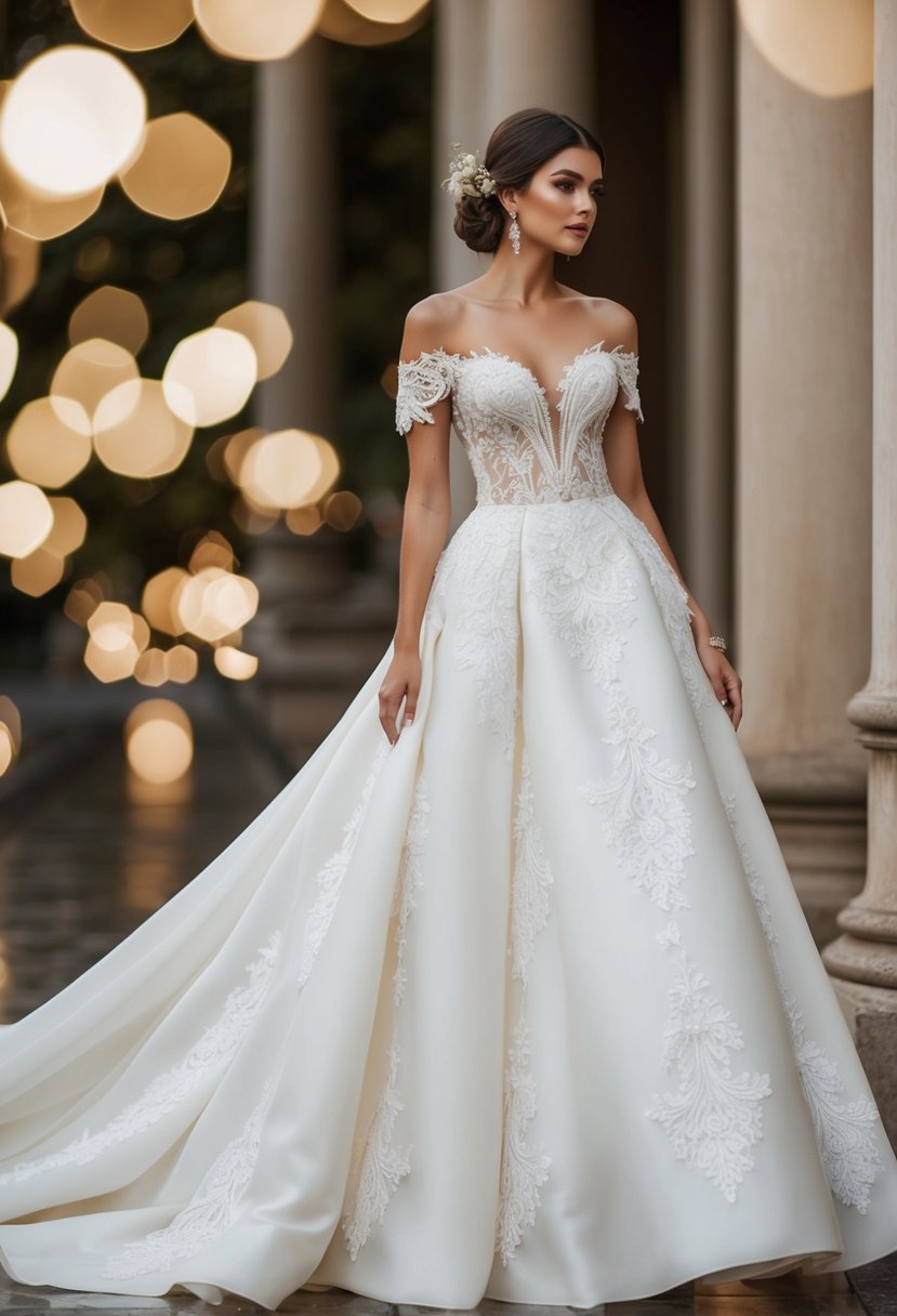 An elegant off-shoulder wedding dress with intricate lace details, a flowing train, and delicate floral embellishments