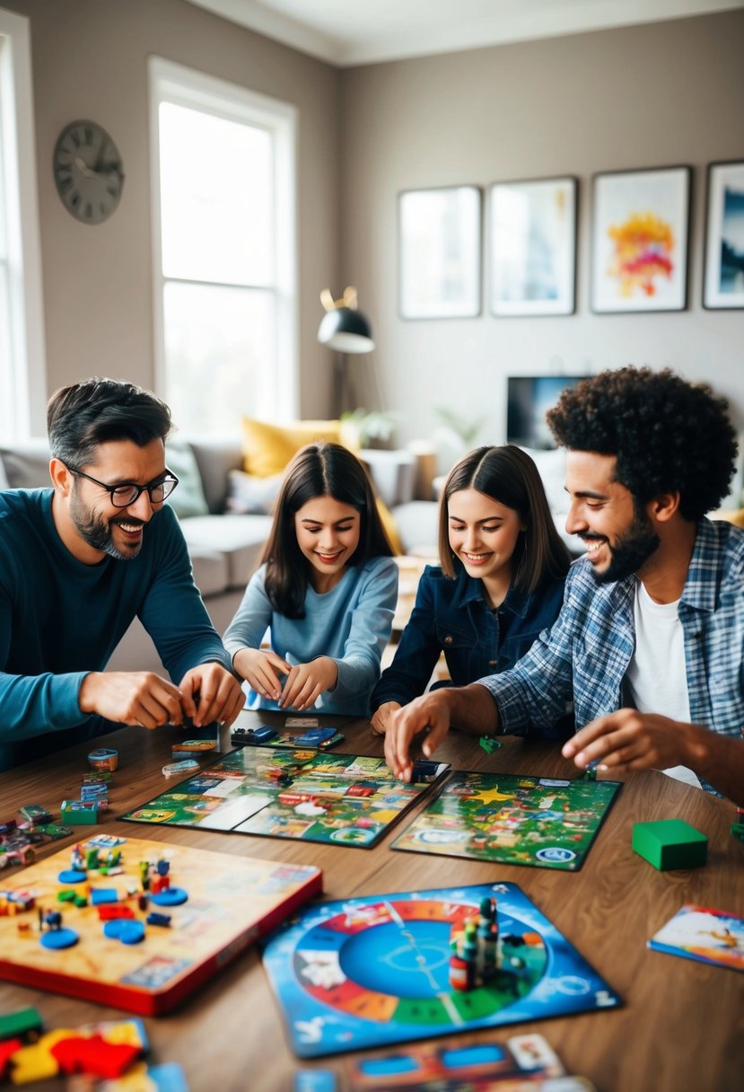 A cozy living room with a table filled with colorful board games and a happy family playing together