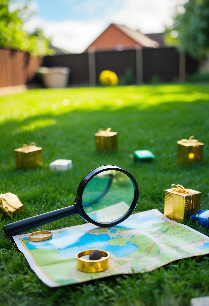 A backyard with scattered items like a map, magnifying glass, and hidden treasures for a scavenger hunt