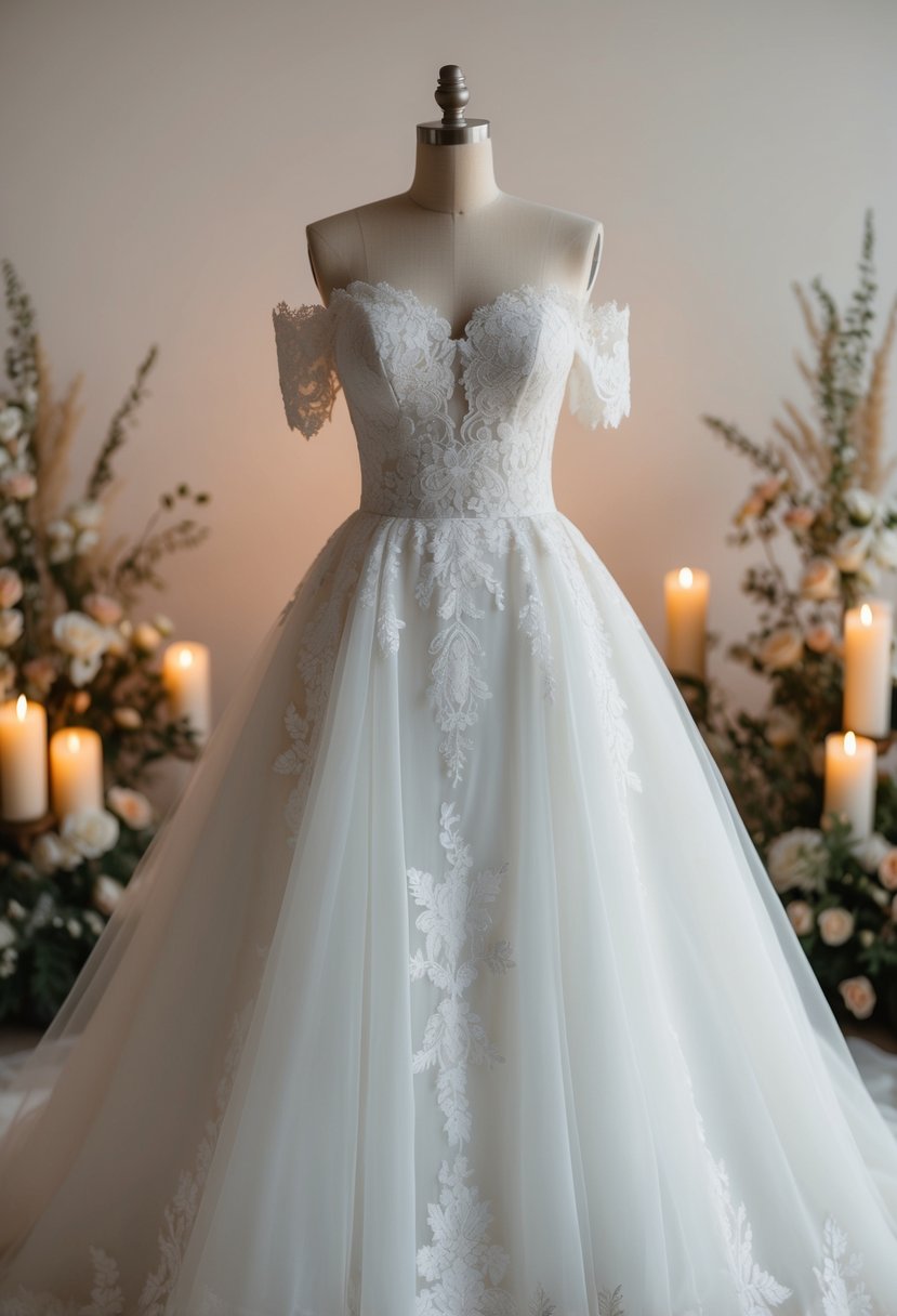 A flowing off-shoulder wedding dress with intricate lace details, set against a backdrop of soft candlelight and delicate floral arrangements