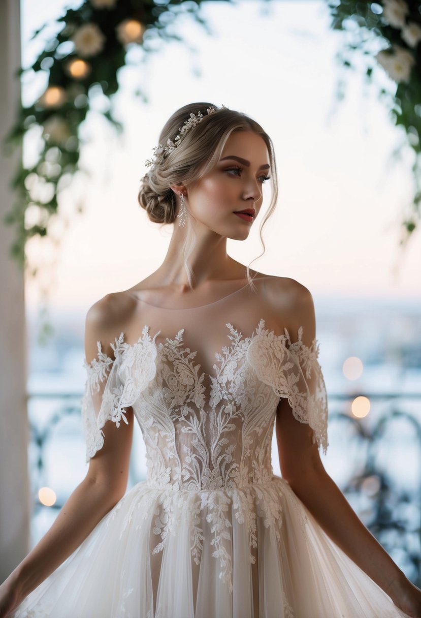 A delicate off-shoulder wedding dress draped in ethereal tulle and adorned with intricate Chantilly lace cascading down the bodice