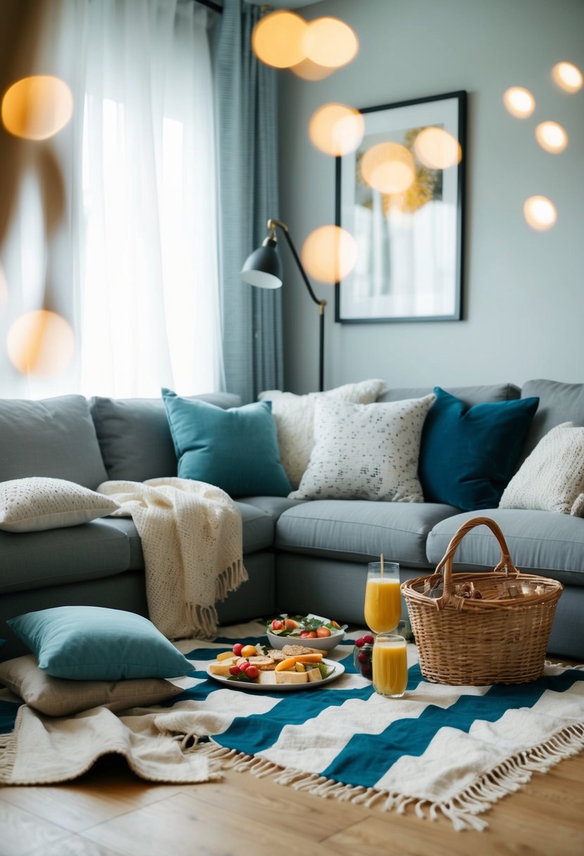 A cozy living room with a picnic blanket spread out on the floor, surrounded by scattered cushions and a basket of food and drinks