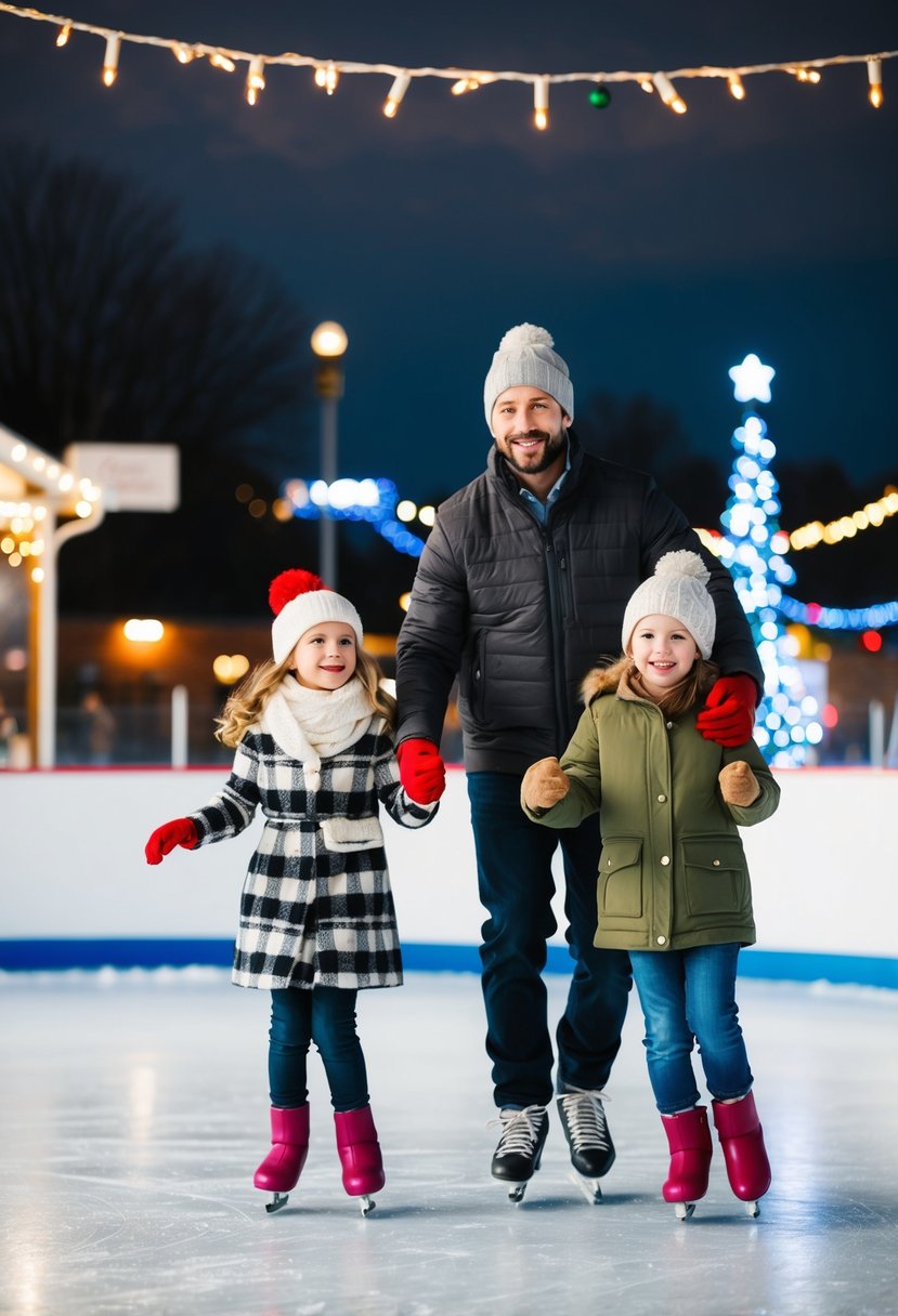 A couple and their kids glide across the ice at a local rink, surrounded by twinkling lights and festive decorations