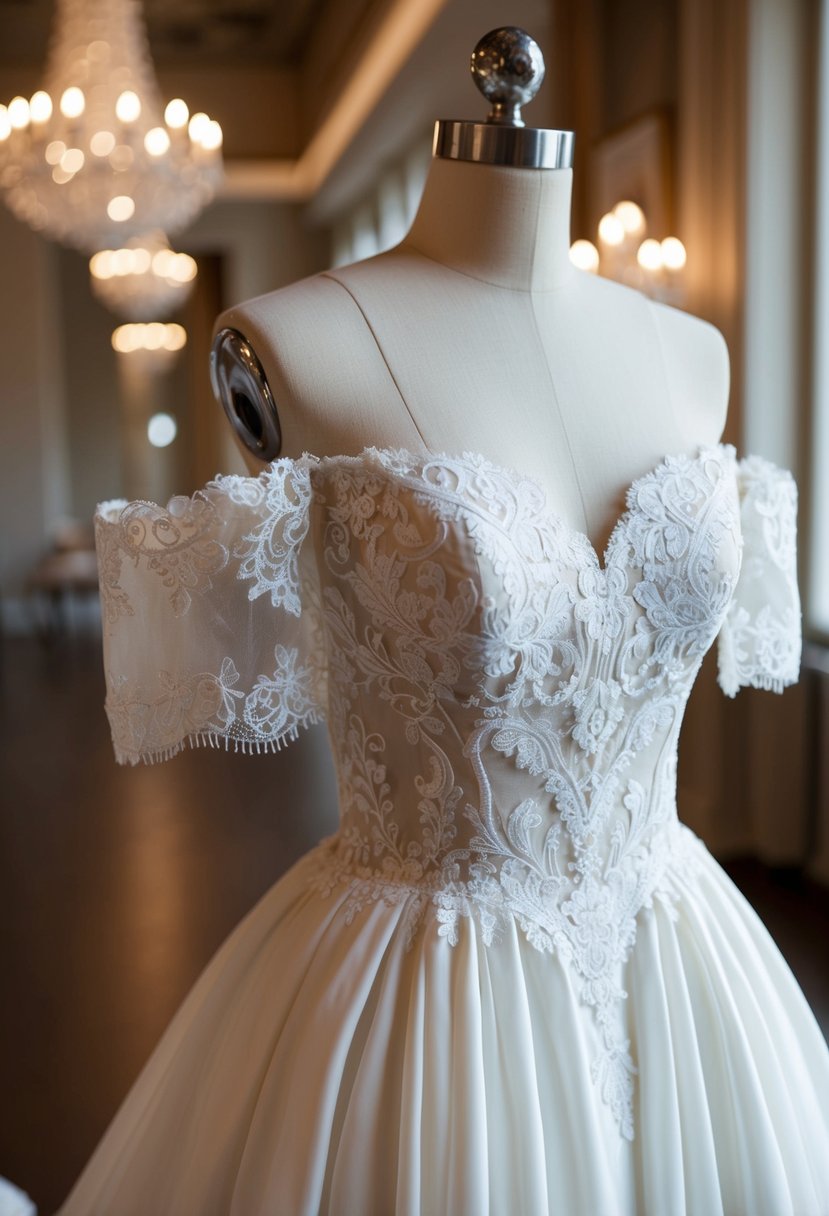 An elegant off-shoulder wedding dress on a mannequin, with a classic A-line silhouette and intricate lace detailing