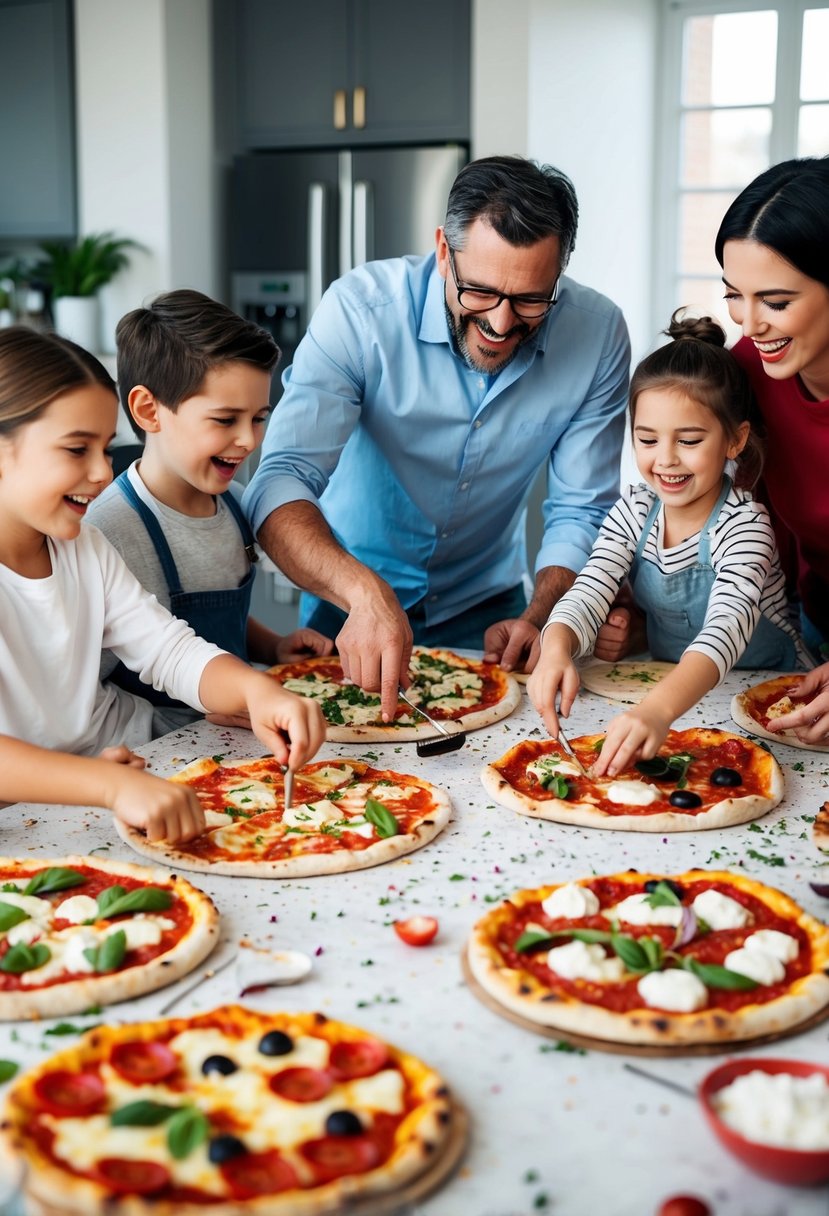 A family sits around a table covered with pizza ingredients, laughing and creating their own personalized pizzas together