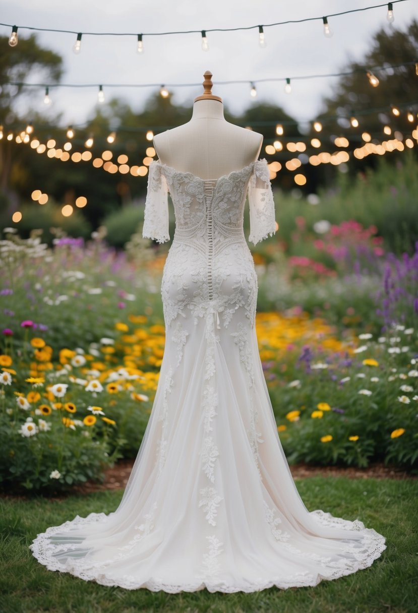 A flowing off-shoulder wedding dress adorned with lace, flowers, and intricate beadwork, set against a backdrop of a whimsical garden filled with wildflowers and twinkling fairy lights