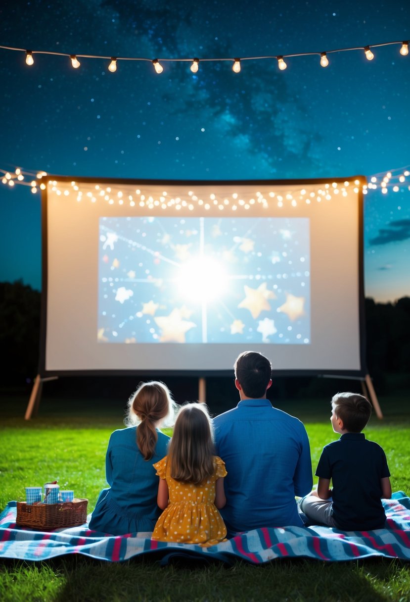 A couple and their kids sit on blankets under the stars, watching a movie projected onto a large outdoor screen. A picnic spread and string lights add to the cozy atmosphere