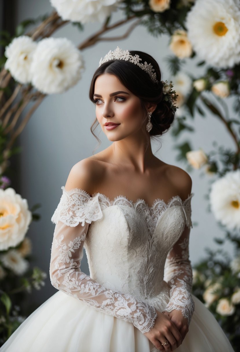 A bride in a vintage-inspired off-shoulder wedding dress, surrounded by delicate lace and floral details, with a touch of old-world elegance