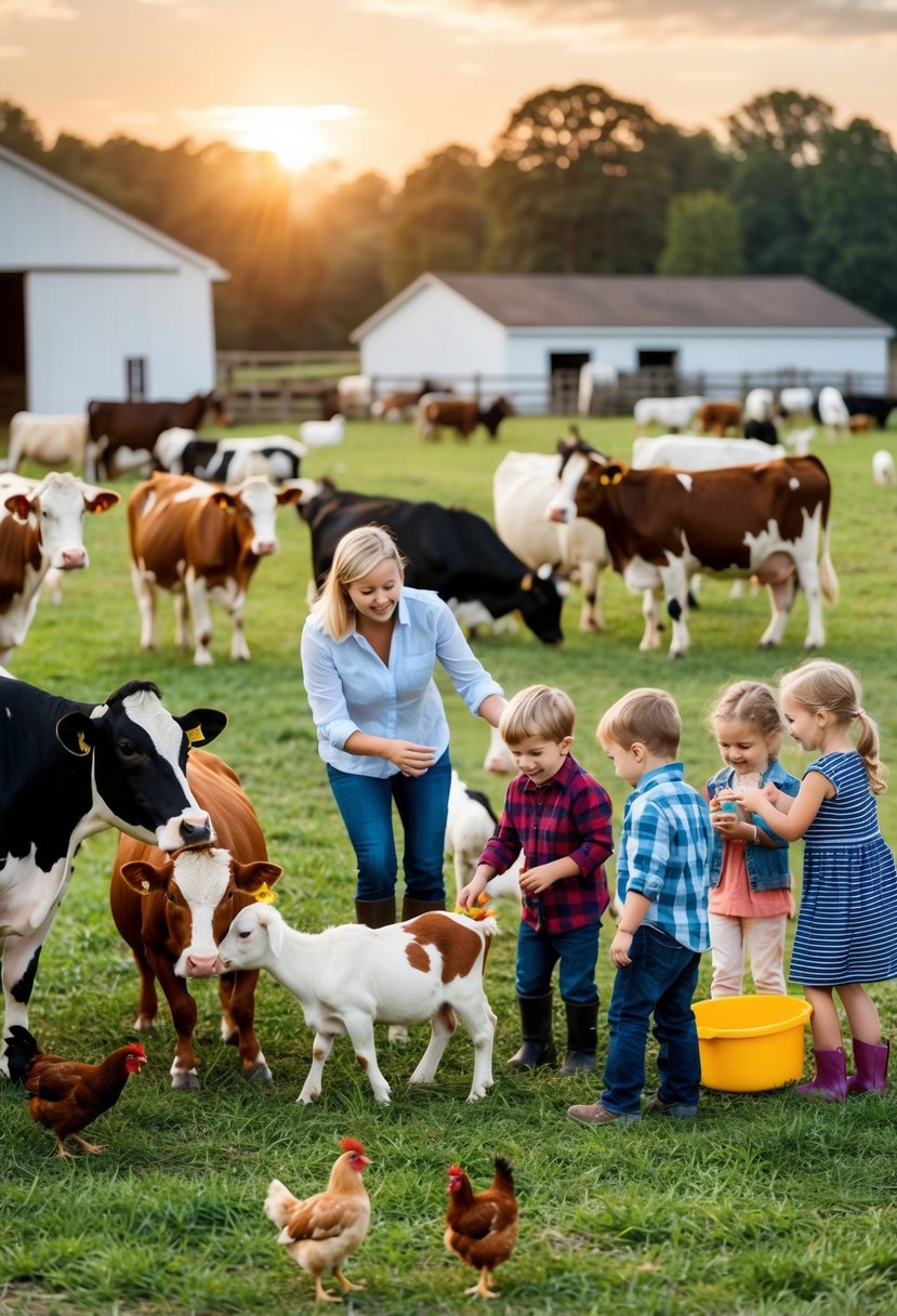 Animals roam freely in a spacious farmyard, surrounded by families with children. A variety of animals such as cows, goats, and chickens can be seen, with kids eagerly petting and feeding them