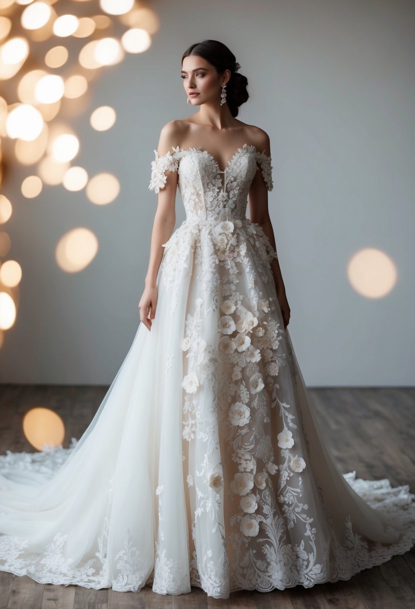 A flowing off-shoulder wedding dress adorned with intricate floral appliqué cascading down the bodice and skirt, creating an ethereal and enchanting look