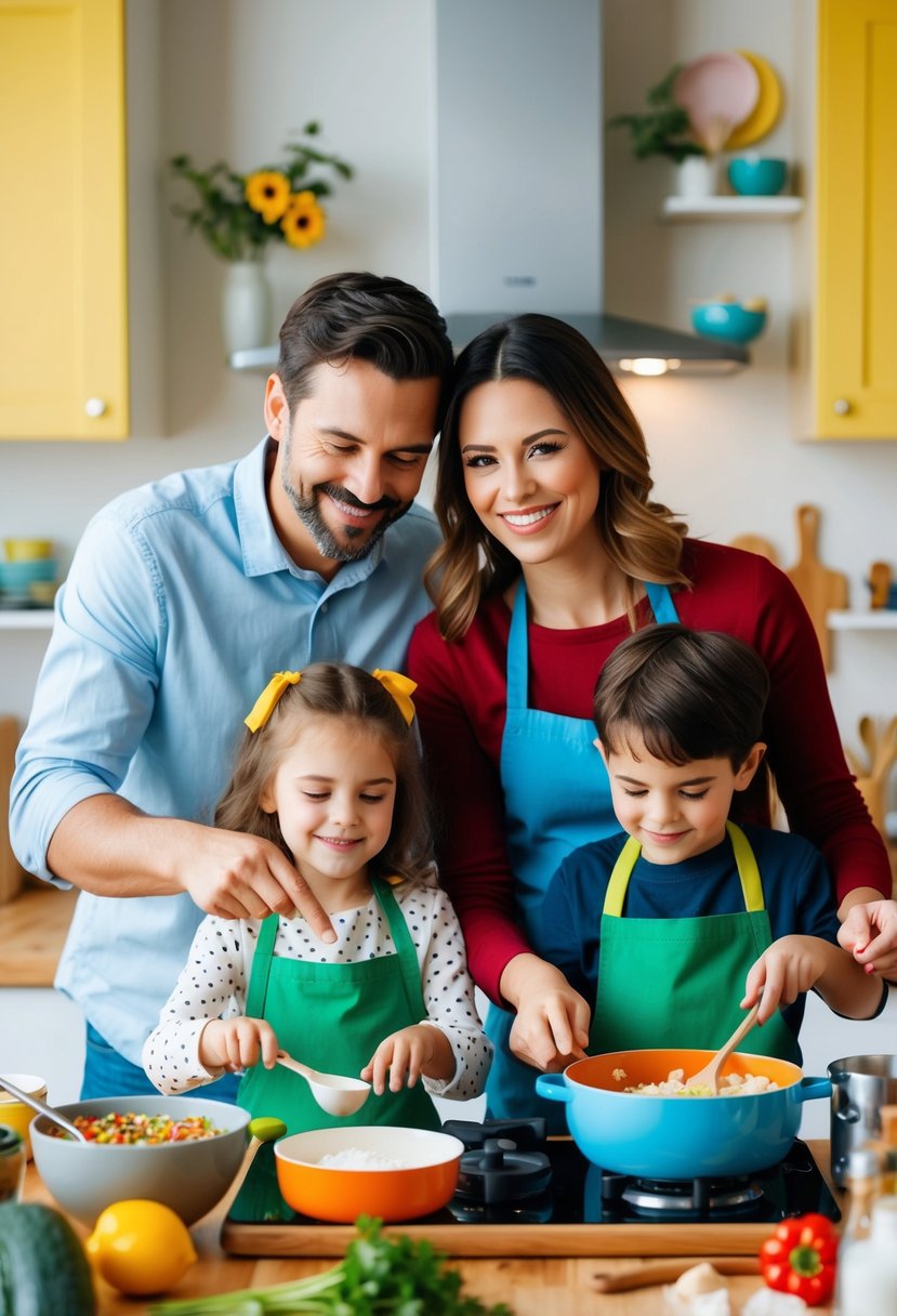 A couple and their kids cooking together in a colorful kitchen, surrounded by ingredients and utensils, with smiles on their faces