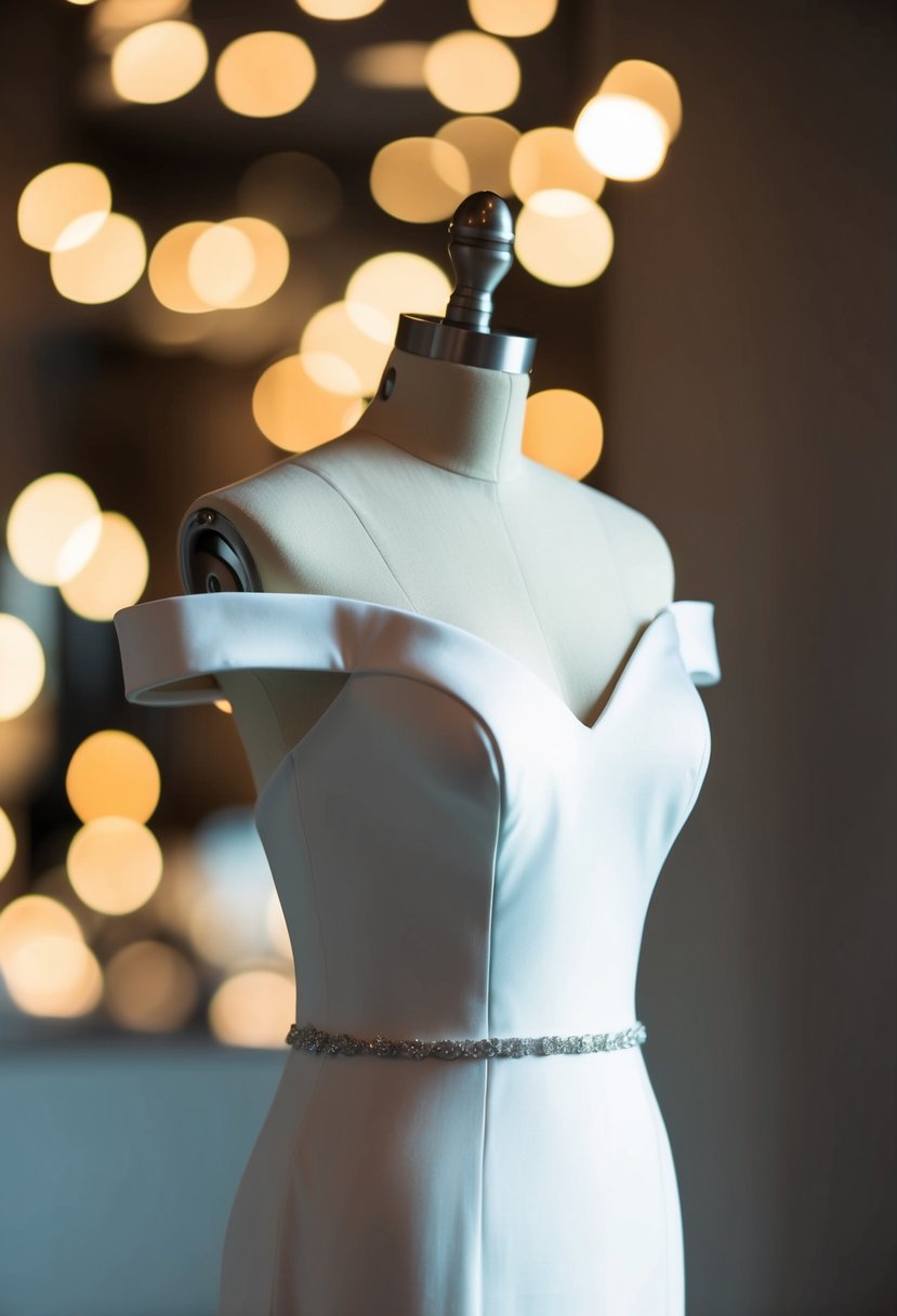 A sleek off-shoulder wedding dress on a minimalist mannequin