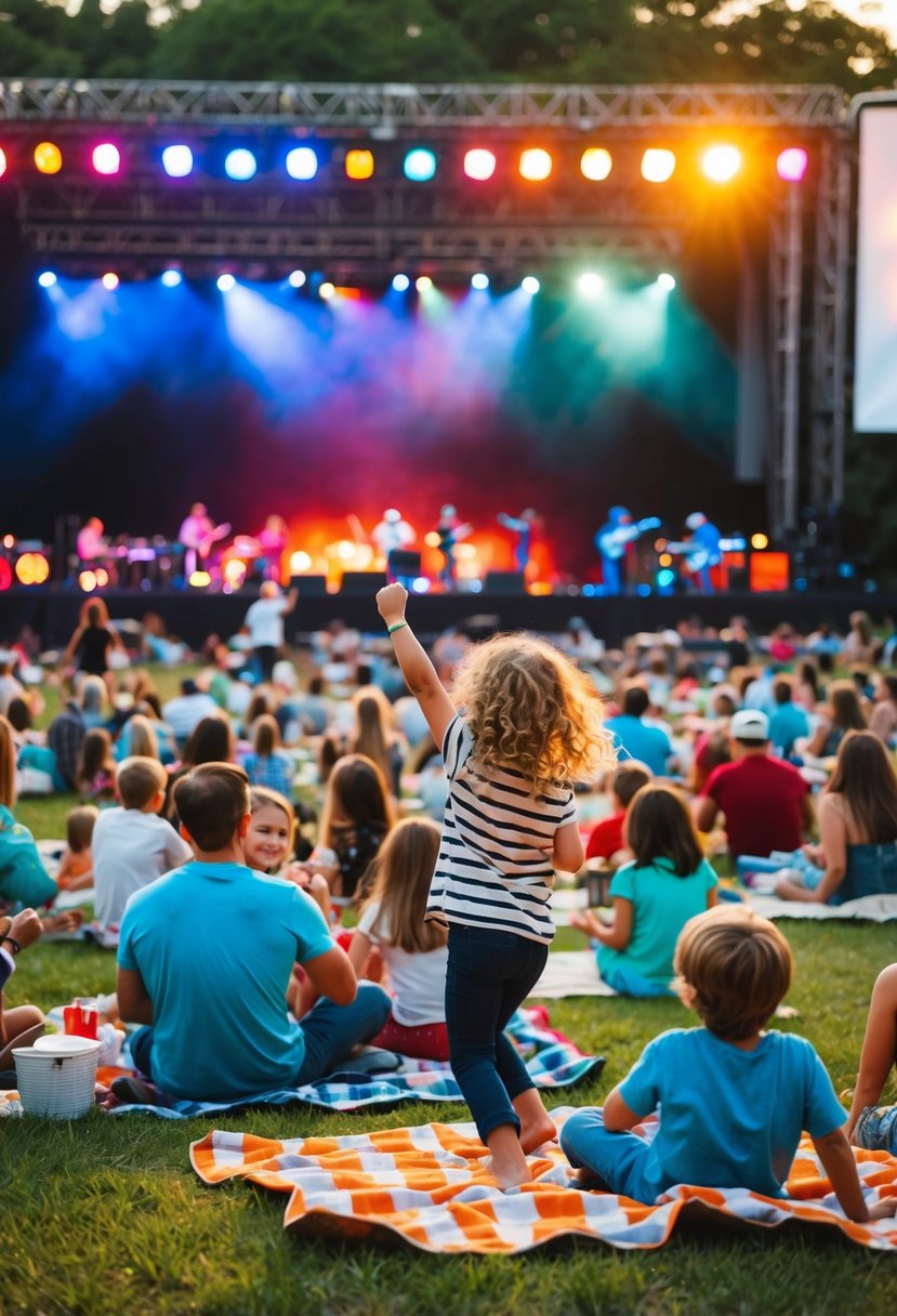 A lively outdoor concert with families picnicking on blankets, kids dancing, and colorful stage lights