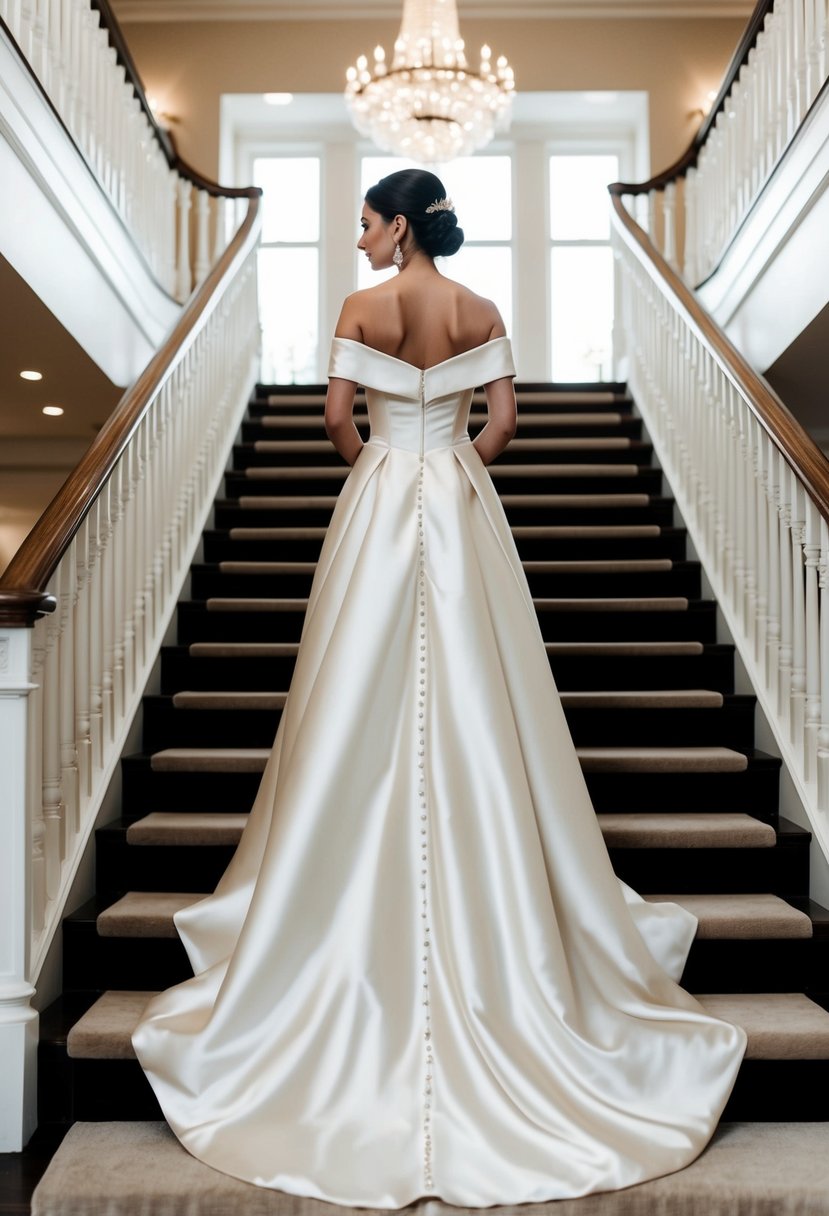 A luxurious off-shoulder wedding dress with a satin finish cascades down a grand staircase, catching the light and exuding elegance