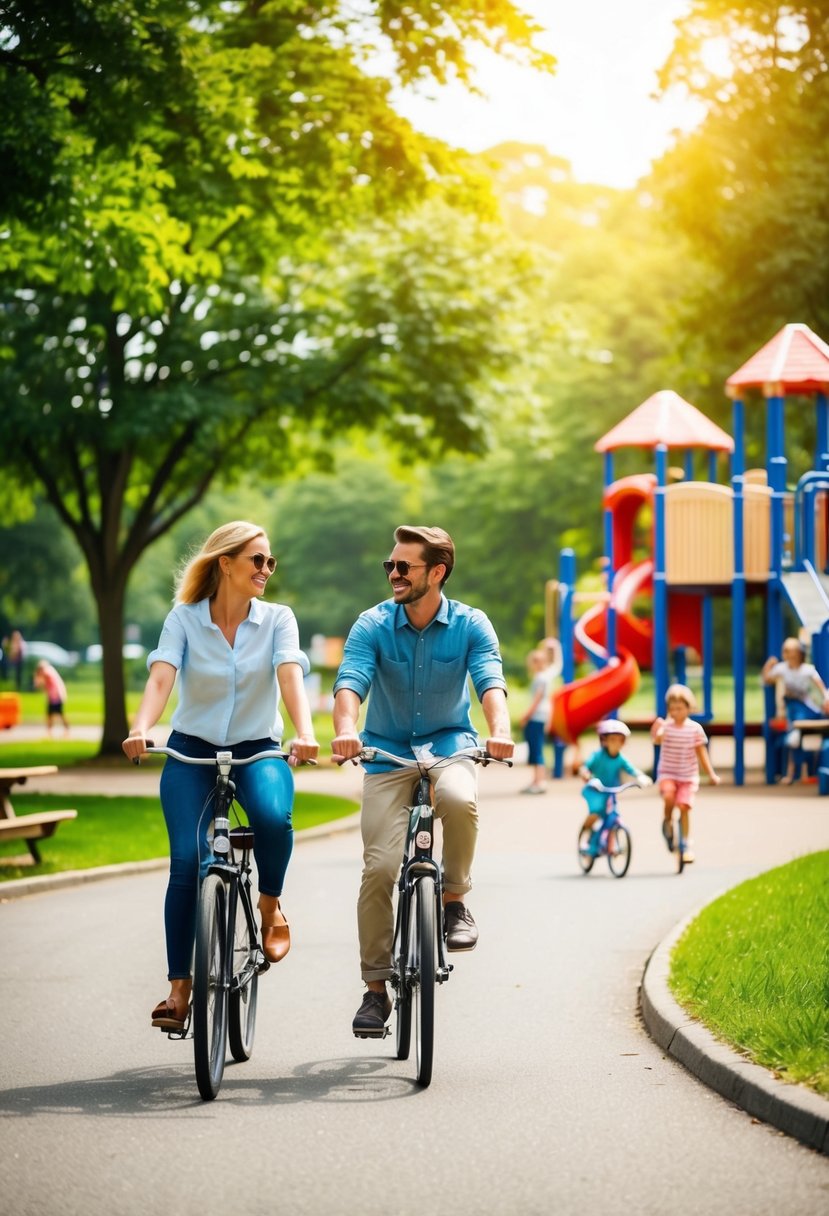 A couple rides bikes through a lush park, passing by a playground and picnic area, with children playing and families enjoying the sunny day