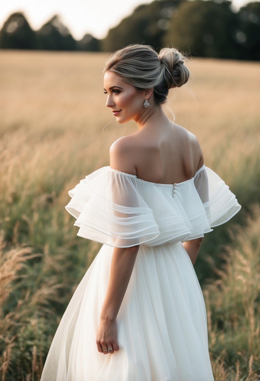 A bride standing in a field, wearing a flowing off-shoulder wedding dress with romantic ruffled sleeves, her hair swept up in a loose bun