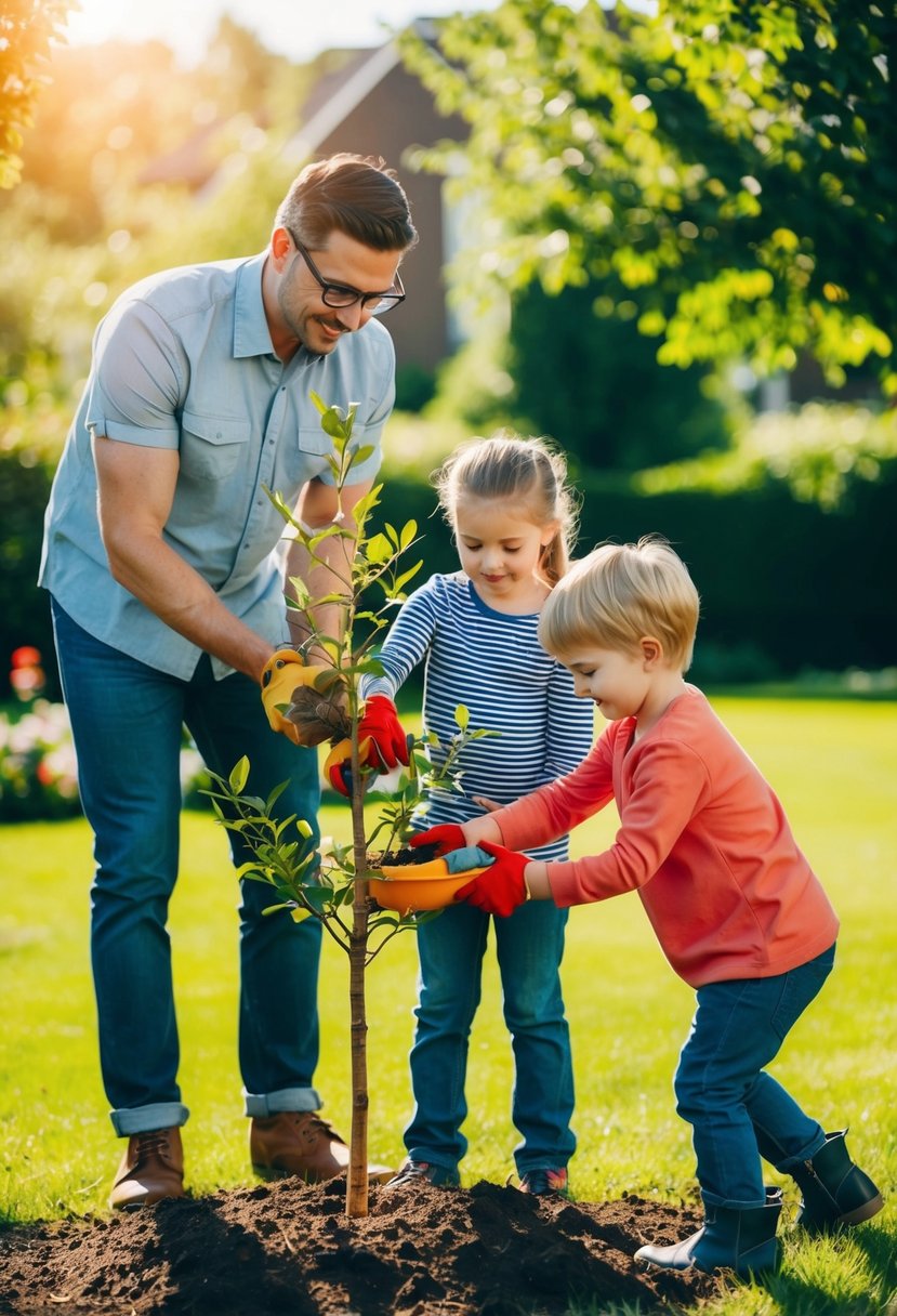 A couple and their kids planting a tree in a sunny garden