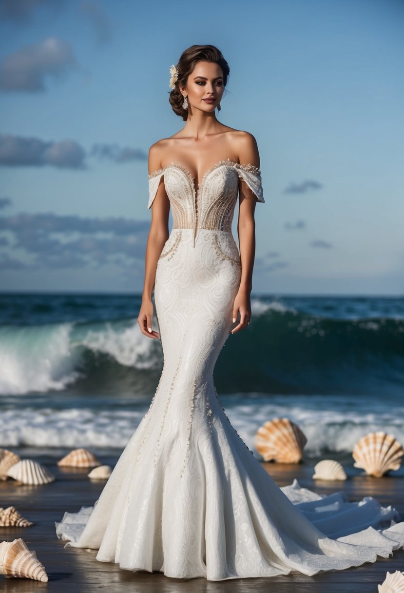 A mermaid tail wedding dress with an off-shoulder design, adorned with chic and intricate details, set against a backdrop of ocean waves and seashells