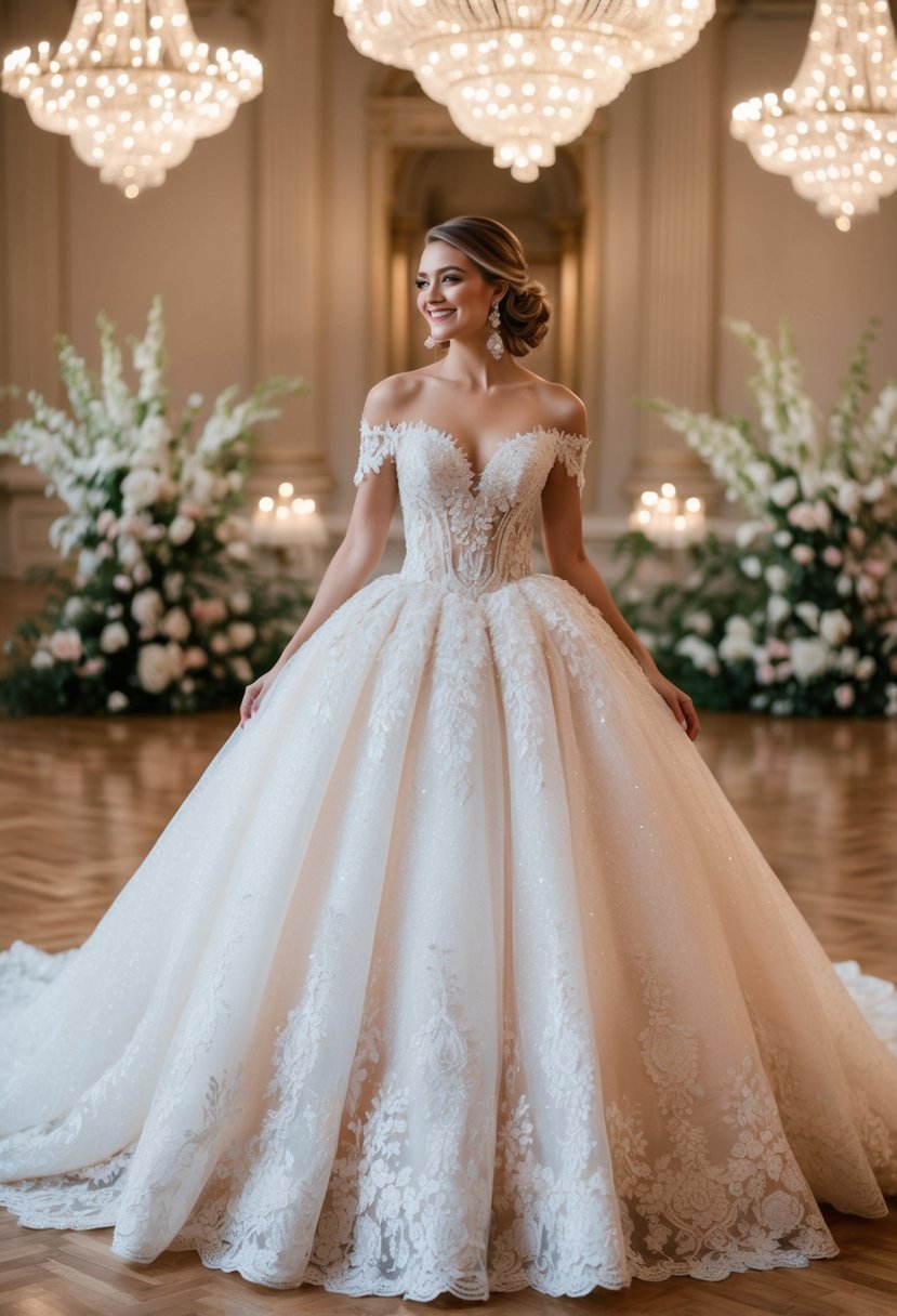 A sparkling off-shoulder ball gown with intricate lace details, flowing in a grand ballroom with twinkling chandeliers and cascading floral arrangements