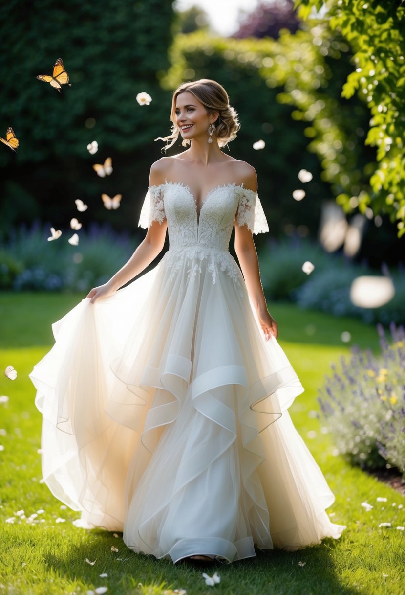 A bride twirls in a garden, wearing a flowing off-shoulder wedding dress with layers of tulle and lace, surrounded by floating petals and butterflies