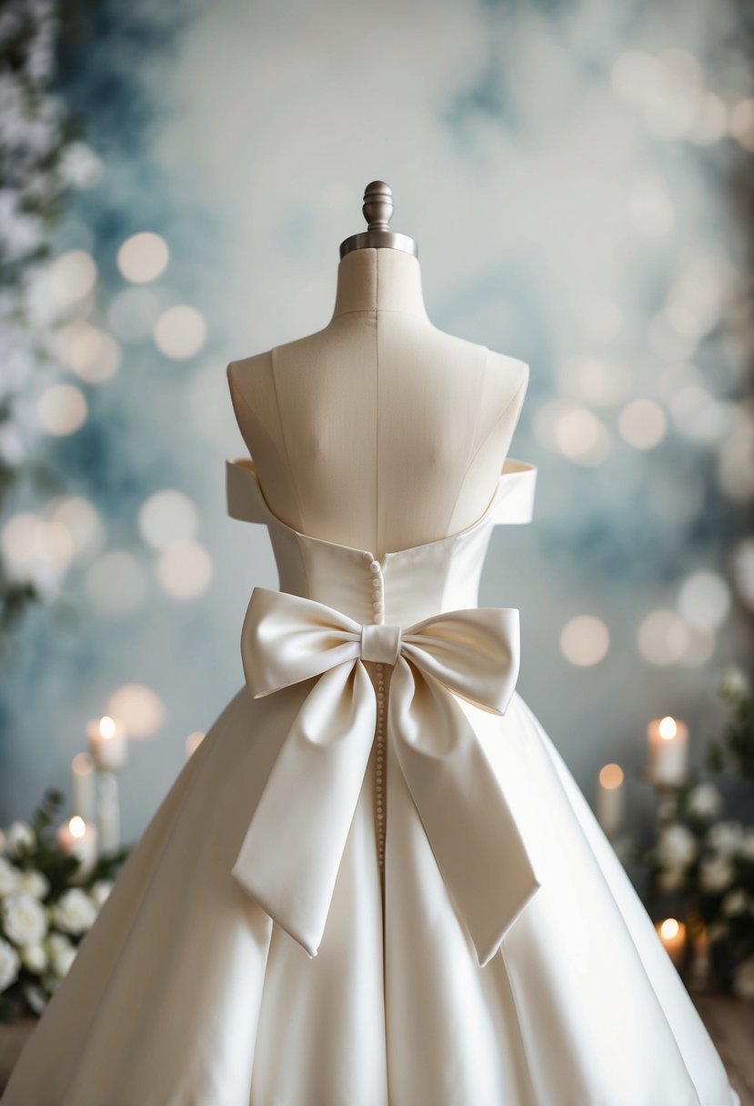 A sleek off-shoulder wedding dress with a large satin bow at the back, set against a romantic, ethereal backdrop