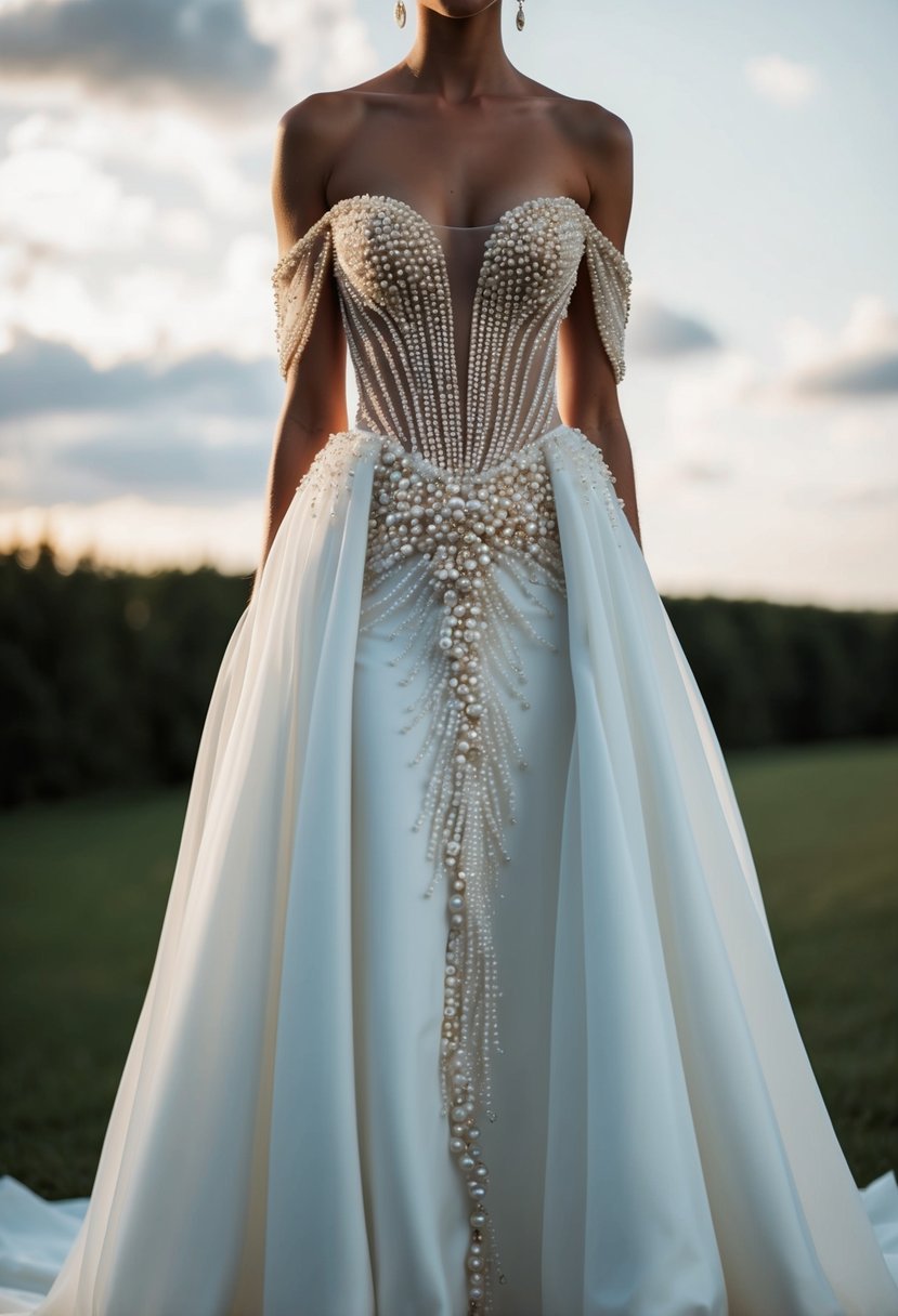 A flowing off-shoulder wedding dress adorned with intricate pearl details cascading down the bodice and skirt