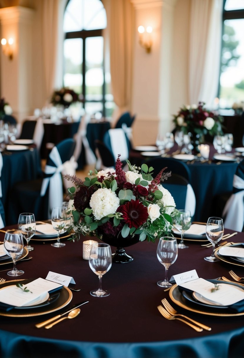 A black and burgundy wedding scene with floral centerpieces and elegant table settings