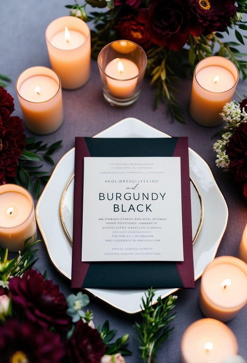 A burgundy and black wedding invitation surrounded by elegant floral arrangements and candlelight